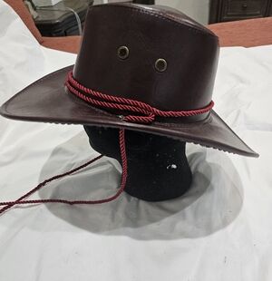 Wimens Brown Faux Leather Hat with Red Cord
